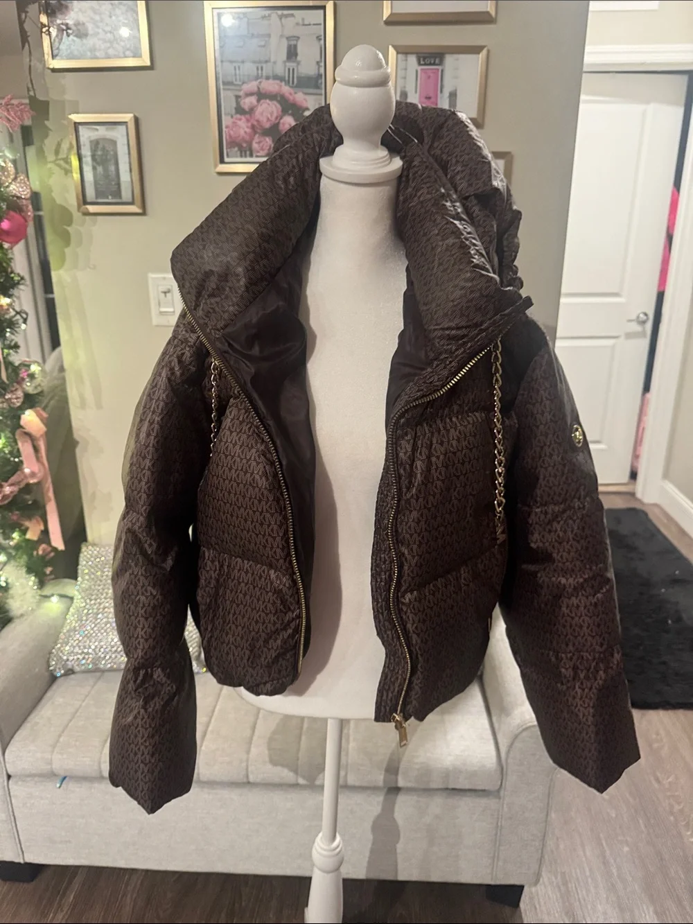 Michael Kors Dark Brown Quilted Puffer Jacket with Gold Chain Trim